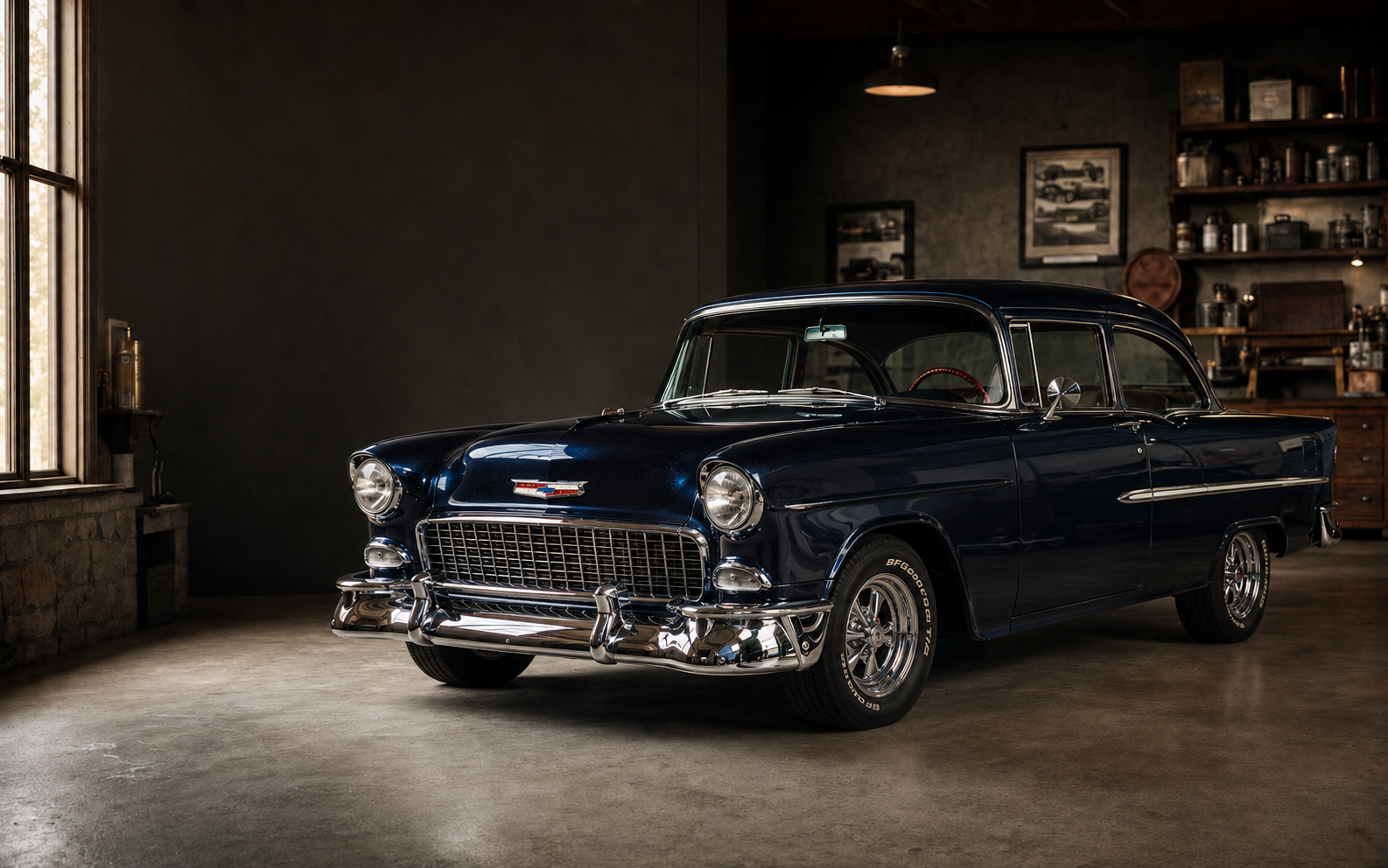 Midnight Storm inside a classic garage