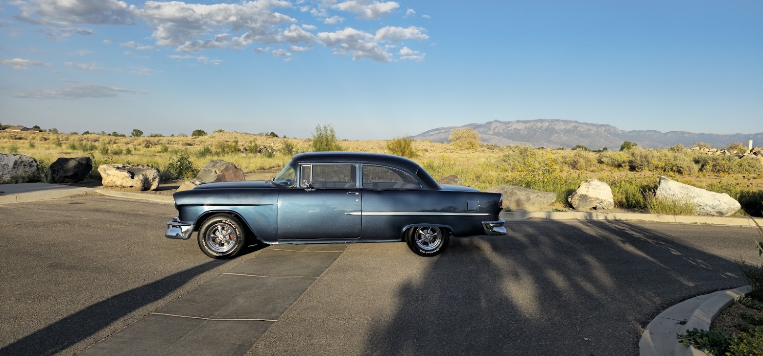 Midnight Storm, Larry's 1955 Chevrolet Bel Air, photographed against the Sandia Mountains